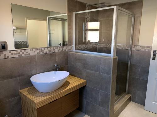 a bathroom with a white sink and a shower at 66 Dorp Street Apartment in Polokwane