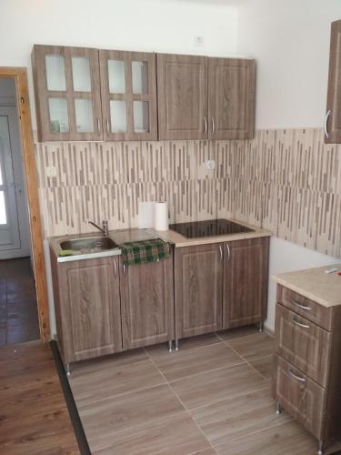 a kitchen with wooden cabinets and a sink at Vivienne Apartment in Zamárdi