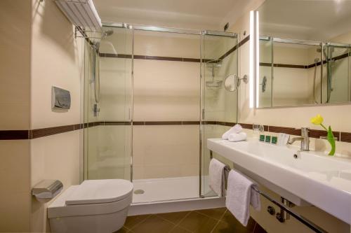 a bathroom with a shower and a toilet and a sink at Hotel Sonya in Rome