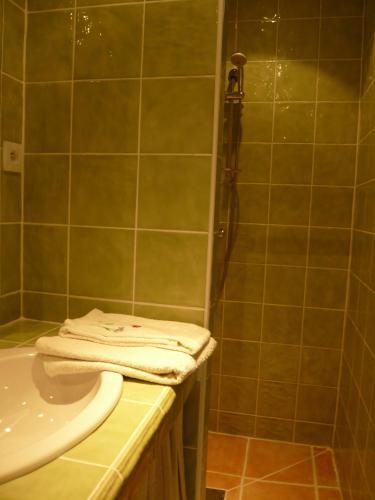 a bathroom with a sink and a shower with a towel at Le Soubiran in Bérat