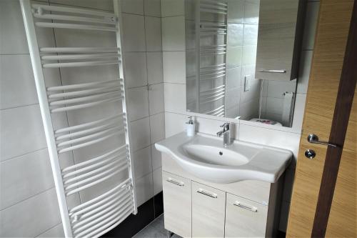 a white bathroom with a sink and a mirror at Apartments Laura FARM STAY in Podčetrtek