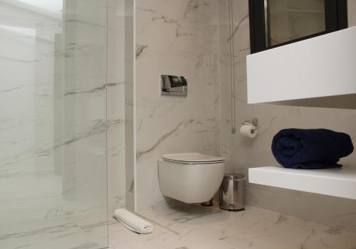 a bathroom with a toilet and a glass shower at Crystal villas & suites in Polykhrono