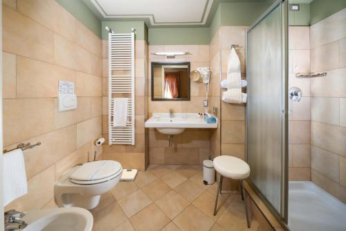 盧卡的住宿－聖盧卡宮酒店，浴室配有卫生间、盥洗盆和淋浴。