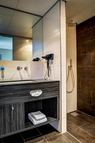 a bathroom with a sink and a shower at Fletcher Landgoed Hotel Holthurnsche Hof in Berg en Dal
