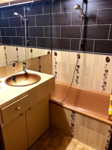 La salle de bains est pourvue d'un lavabo et d'une baignoire avec douche. dans l'établissement Duplex 6 à 8 couchages calme avec solarium plein Sud, à Ancelle