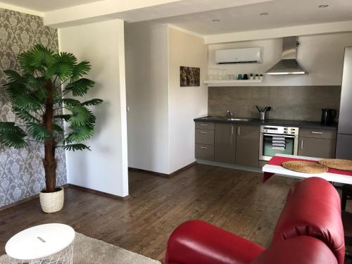 a living room with a red chair and a kitchen at Casalino in Wachtendonk