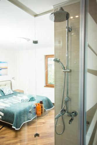 a bathroom with a shower and a bed in a room at Breeze Guest House in Chernomorets