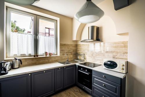 a kitchen with black cabinets and a sink and a window at BeeApartments Żywiecka 49 in Nowy Sącz