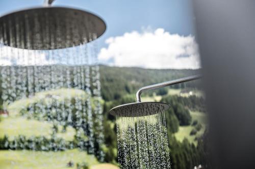 a bird bath with a view of a mountain at Boutique & Gourmet Hotel Orso Grigio in San Candido