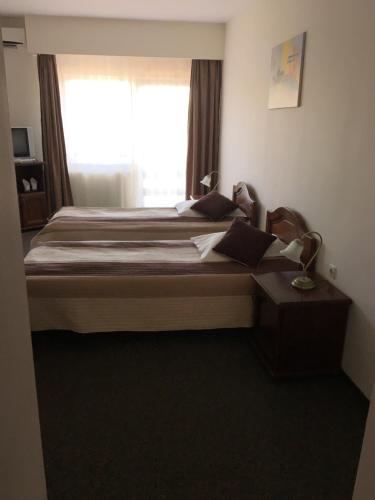 a bedroom with a large bed with a window at Hotel Restaurant La Conac in Botiz