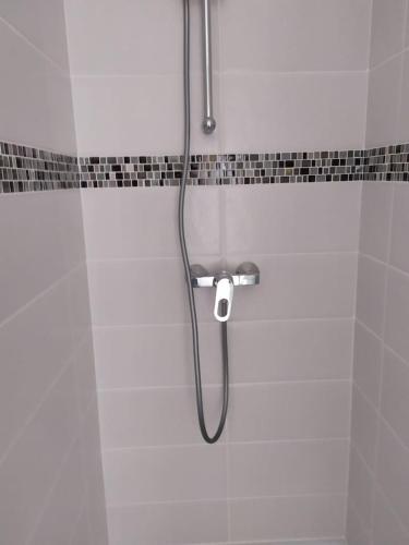 La salle de bains est pourvue d'une douche et d'un tuyau sur le mur. dans l'établissement Duplex plein centre ville 10B, à Malestroit