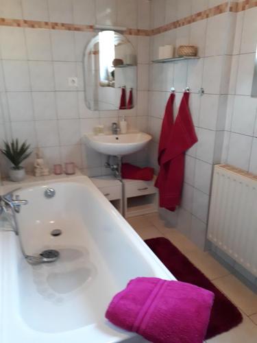 a bathroom with a sink and a tub with a purple towel at Ferienwohnung zum Schuster in Halbe