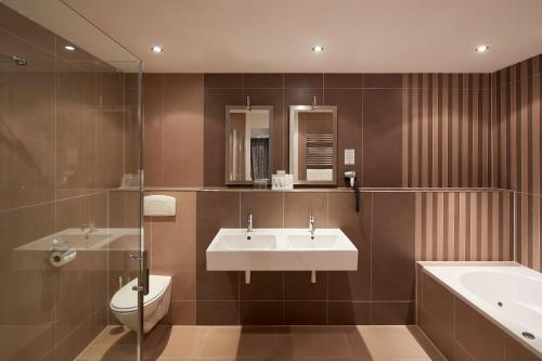 a bathroom with a sink and a toilet and a mirror at Van der Valk Hotel Hardegarijp - Leeuwarden in Hardegarijp