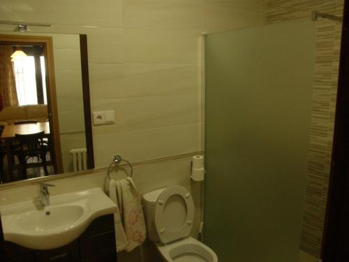 een badkamer met een wastafel, een toilet en een spiegel bij Casa Rural Baco in Baños de Valdearados