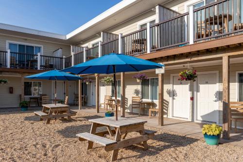 two picnic tables with blue umbrellas on a patio at Aqualina Inn Montauk in Montauk