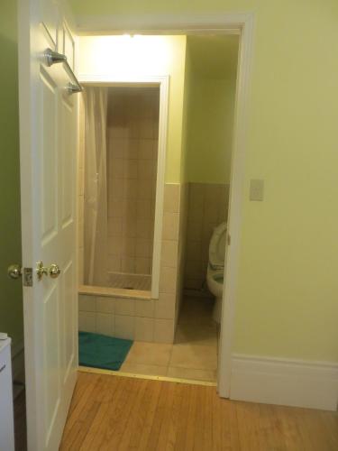 a bathroom with a shower and a toilet in it at Keppner Guesthouse in Toronto