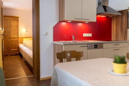 a kitchen with a sink and a bed in a room at Birkenhof in Sankt Veit in Defereggen