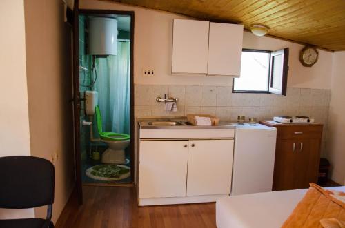 una pequeña cocina con lavabo y aseo en Studio-apartman Milena, en Podgorica