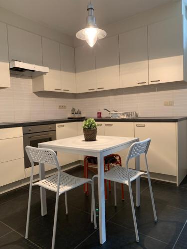 eine Küche mit einem weißen Tisch und Stühlen in der Unterkunft Anna Place in Gent