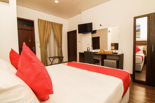 a hotel room with a bed with red pillows at Clove Transit Hotel in Kotugoda