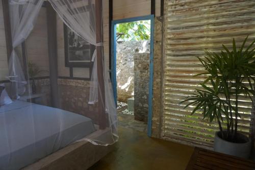 マータラにあるThe Doctor's Houseのベッド1台と植物のある窓