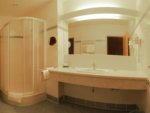 a bathroom with a sink and a shower and a mirror at Hotel Drei Hasen in Mariazell