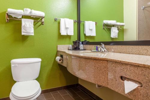 a bathroom with a toilet and a sink with a mirror at Sleep Inn & Suites Hewitt - South Waco in Hewitt