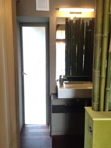 a bathroom with a sink and a mirror at La Jauchelle in Thimougies