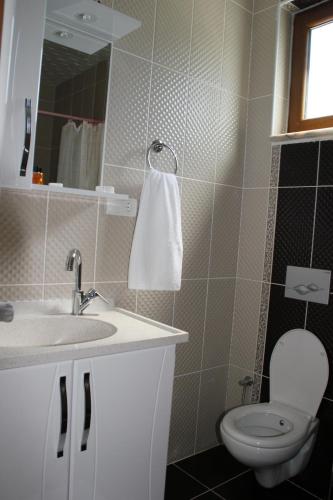 a bathroom with a sink and a toilet and a mirror at Ataköy Otel Cafe Restaurant in Çaykara