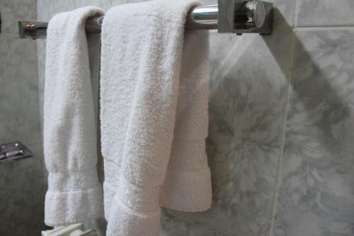 2 asciugamani appesi a un portasciugamani in bagno di Complexe Touristique Sidi Salem a Bizerte