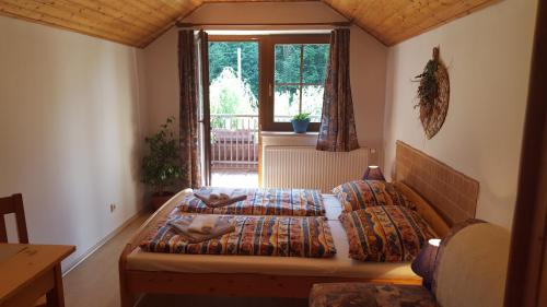 a bedroom with two beds and a window at Penzion Beskyd in Dolní Bečva