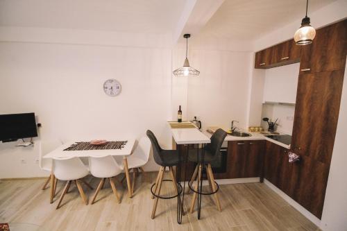 a kitchen with a table and some chairs and a counter at Barba Apartments in Ulcinj