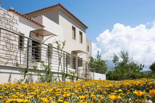 a house with yellow flowers in front of it at Callisto Seaside Homes & Suites in Marathopolis