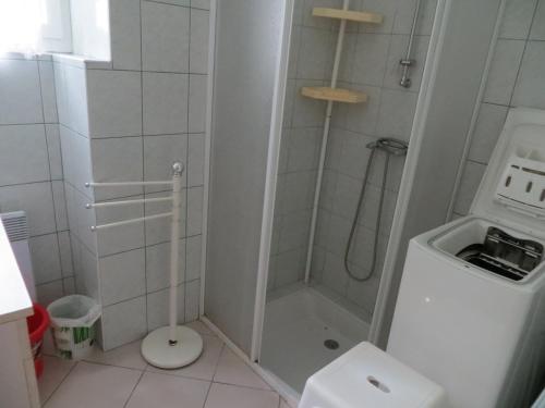 La salle de bains est pourvue d'une douche, de toilettes et d'un lavabo. dans l'établissement gite des trouilleres minimum 7nuits, à Sampzon