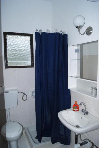 baño con cortina de ducha azul y lavamanos en VillaBouka2, en Astrakeri