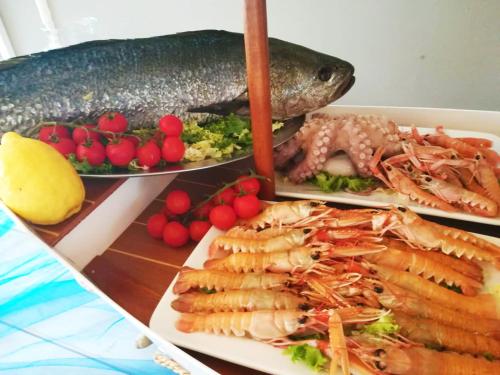 a plate of food with seafood and a fish on it at Regiohotel Manfredi in Manfredonia