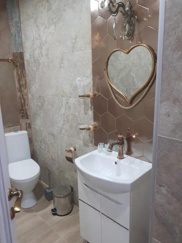 a bathroom with a sink and a mirror and a toilet at Borjomi Classic Hotel in Borjomi