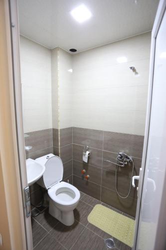 a bathroom with a toilet and a sink and a shower at Just Inn Kutaisi in Kutaisi