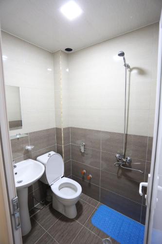 a bathroom with a toilet and a sink and a shower at Just Inn Kutaisi in Kutaisi