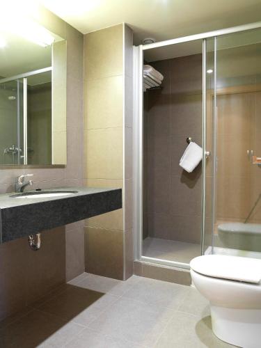 ein Badezimmer mit Dusche, Toilette und Waschbecken in der Unterkunft Hotel Txarriduna in Elgóibar