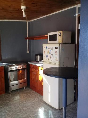 a small kitchen with a stove and a microwave at case ti kaf in Saint-Leu