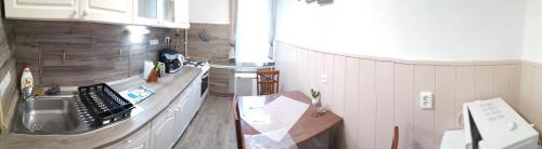 a kitchen with a sink and a counter top at Szent Miklós Apartman in Hajdúszoboszló