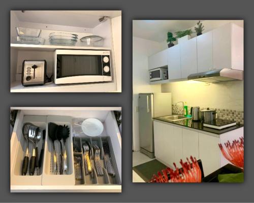 a collage of three pictures of a kitchen at Avida Condo near NAIA in Manila