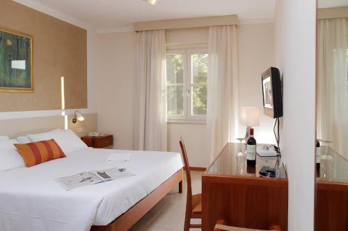a bedroom with a bed and a desk with a television at Hotel Michelangelo in Terranuova Bracciolini