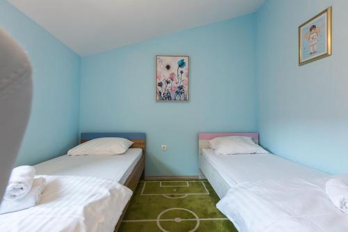 two beds in a room with blue walls at Ivan07 spacious 3BR apartment with terrace in Zadar