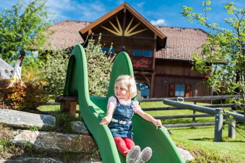 a little girl is sliding down a slide at Familien-Appartements Örglwirt's Gut in Mariapfarr