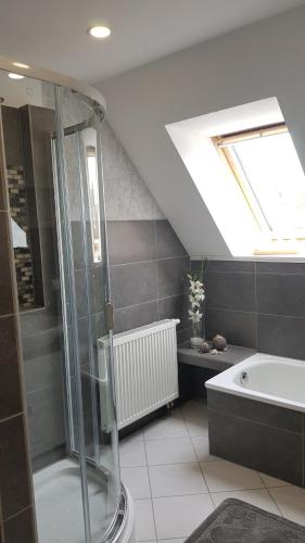 een badkamer met een douche en een bad bij Kansteinblick Weserbergland in Salzhemmendorf