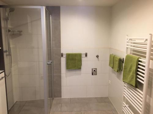 a bathroom with a shower with green towels at Apartment Lärchenstube in Mieders