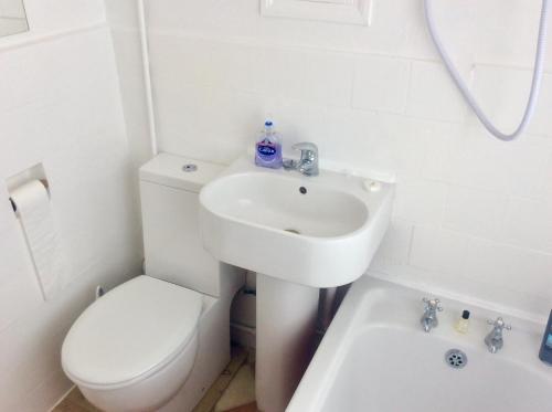 a white bathroom with a toilet and a sink at Gateway House in Didcot