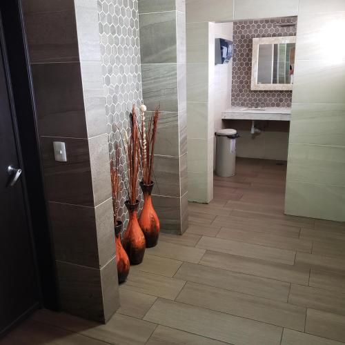 a bathroom with a row of orange vases on the floor at Hotel Aeropuerto in Toluca